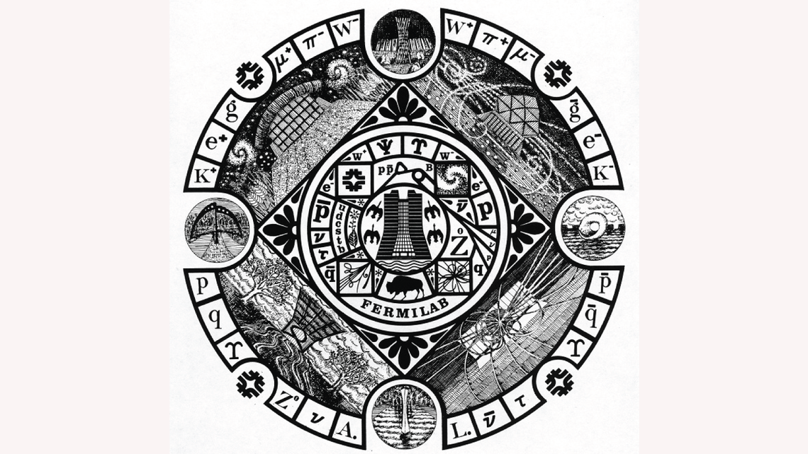 Drawing by Gonzales who, incorporated many Fermilab elements into the unofficial Fermilab seal, including Wilson Hall, the logo