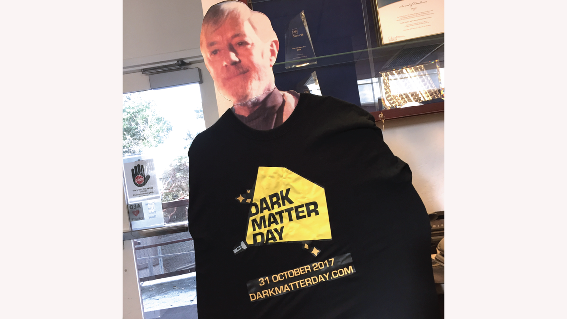 Obi-Wan Kenobi was spotted in a Dark Matter Day t-shirt in the Berkeley Lab Strategic Communications office. 