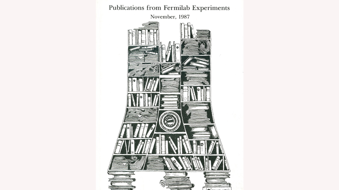 Drawing by Gonzales: documents and books fill a Wilson Hall-shaped bookshelf on the cover Publications from Fermilab Experiments