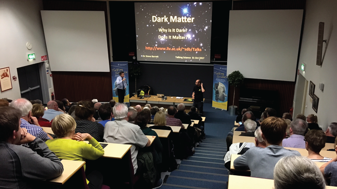 Photo of the auditorium packed for a special "Talking Science" public lecture at STFC’s Daresbury Laboratory.