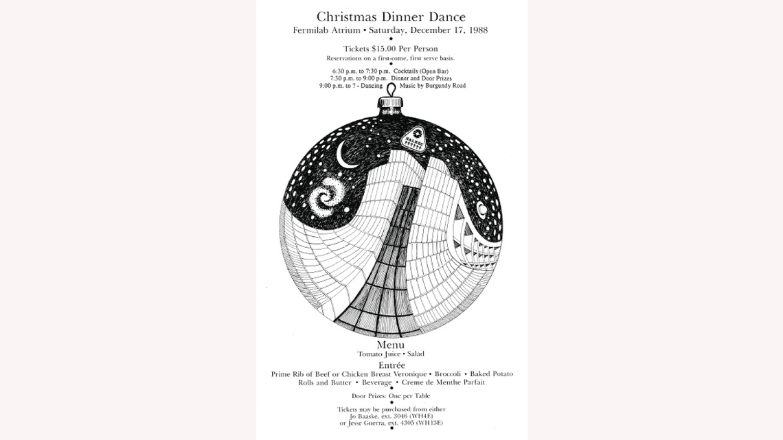 Drawing by Gonzales: Wilson Hall becomes an ornament on the poster for Fermilab’s Christmas Dinner Dance in 1988
