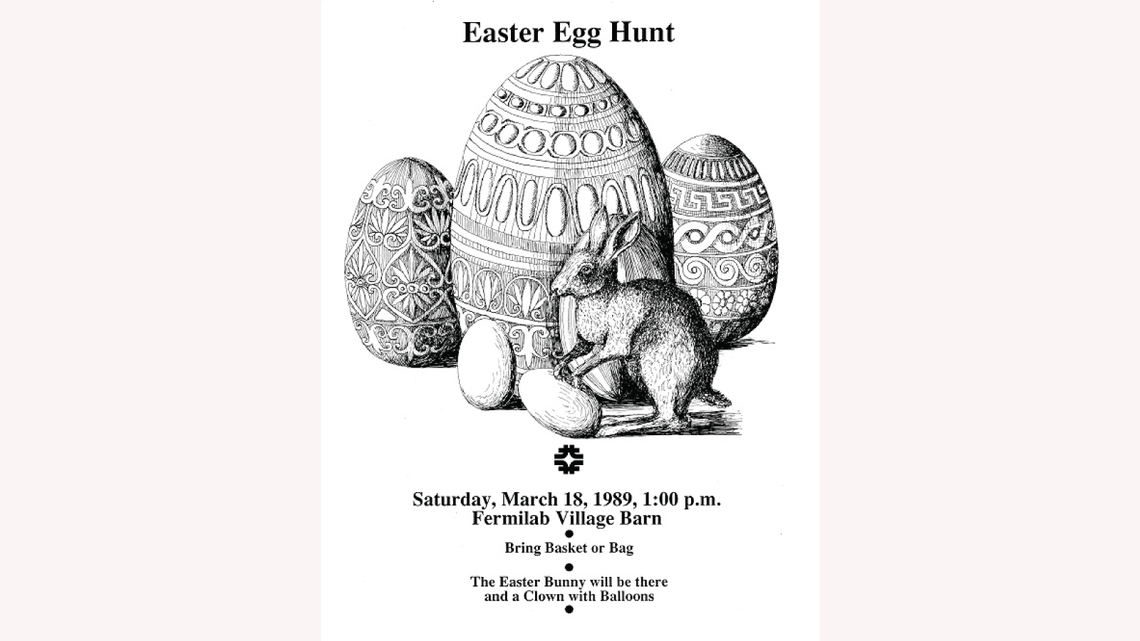 Drawing by Gonzales: a whimsical rabbit urges families to attend the 1989 Easter egg hunt on the Fermilab site