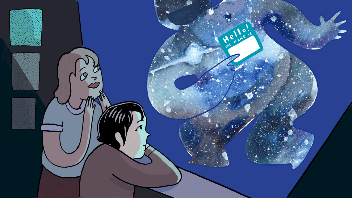 Kids looking at person outline filled in with galaxy holding a "hello my name is" name tag