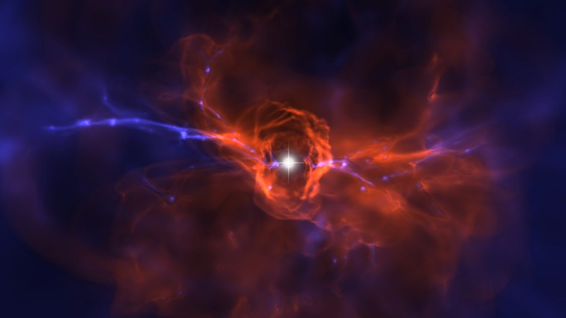 Image of a view of a massive star in the early universe as it perishes in a supernova explosion