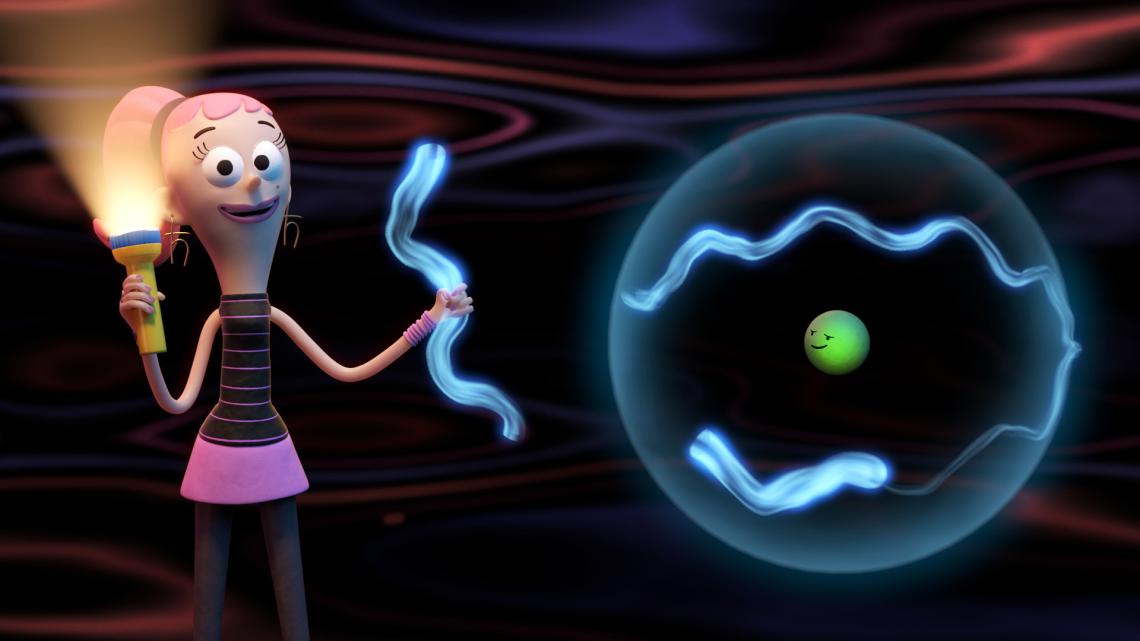 Quantum Kate holding a flashlight and a squiggle of energy from an electron