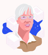 Illustrated portrait of Jean Deken (pink, white, tan, blue)