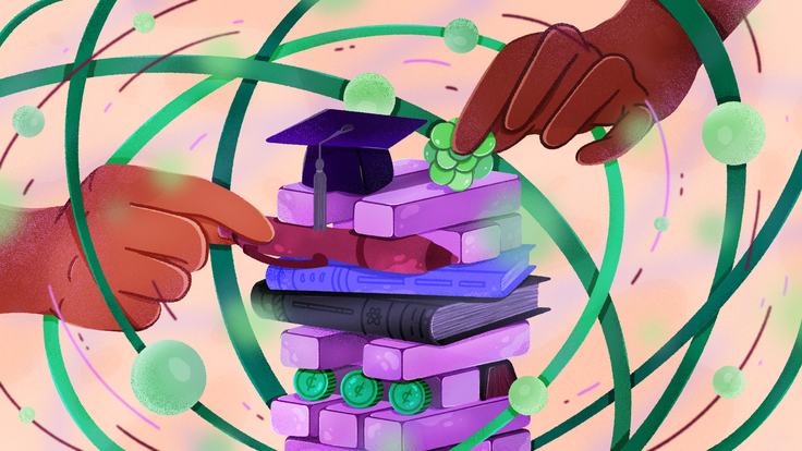 Illustration of a Jenga game representing balancing school, work and research