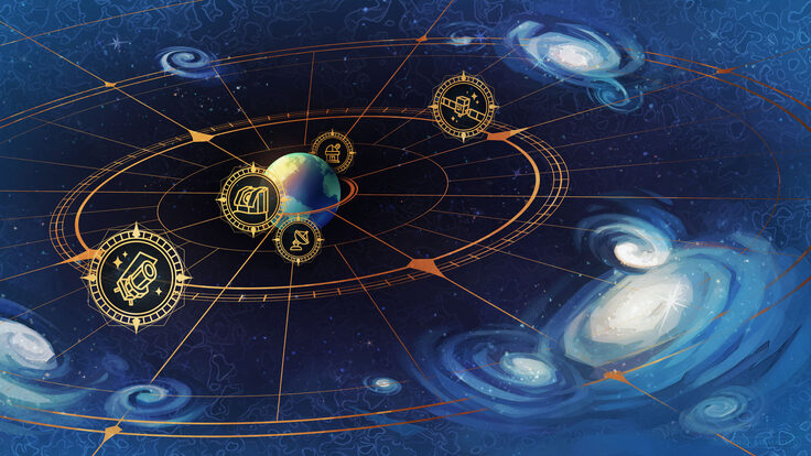 Illustration of Earth and galaxies with icons representing telescopes