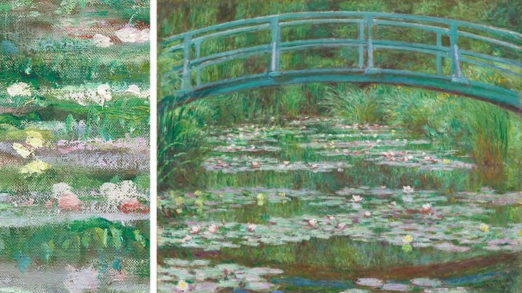 Monet footbridge painting with close-up detail