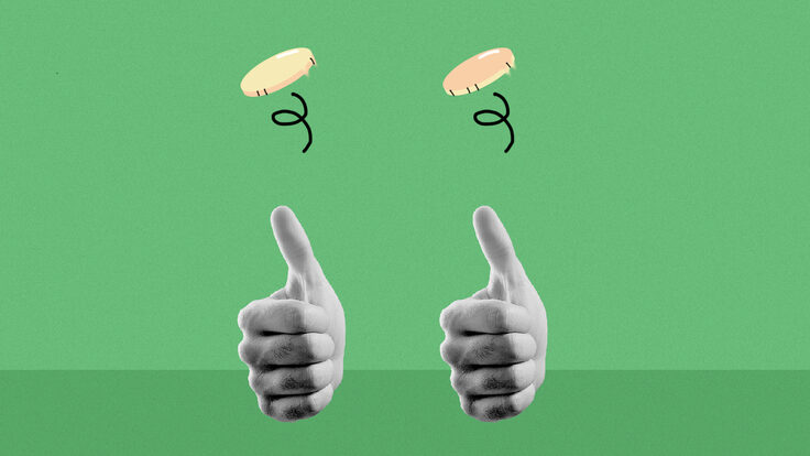 Conceptual illustration of two thumbs flipping two coins