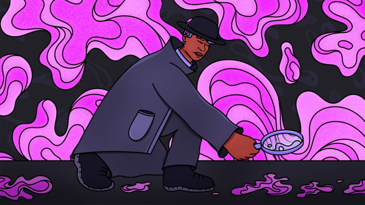 Conceptual illustration of someone hunting for something with a microscope