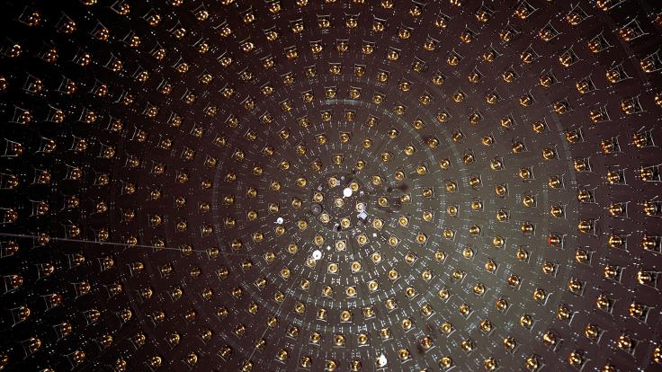 Photo of multipliers arranged in a spiral inside the MiniBooNE experiment