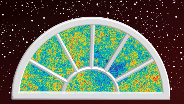 Illustration cosmic microwave background inside window in space