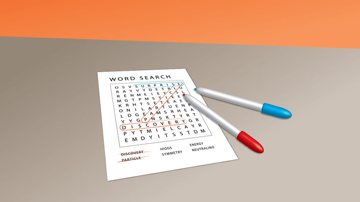 Illustration of word search paper with red and blue pens laying on top of paper
