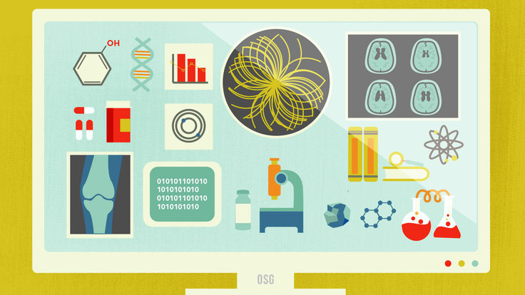 Illustration of computer monitor with Higgs Boson, medical equipment, X-rays, pills, beakers and Apps OSG