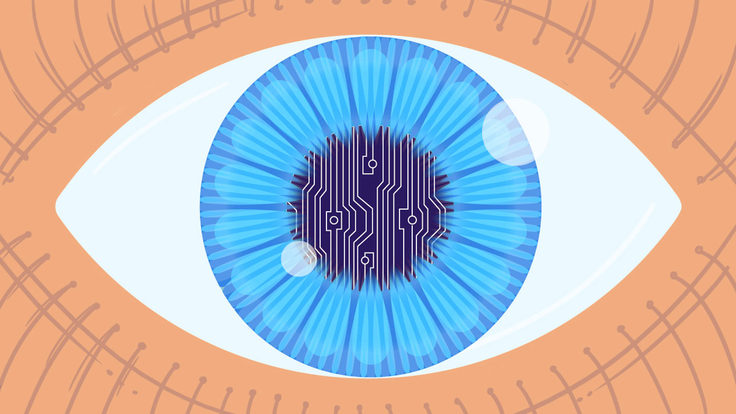 Illustration of eye with circuit board inside pupil
