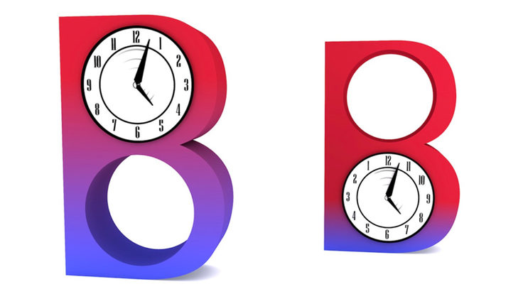 Illustration of "BB" red and blue gradient with clocks inside letterforms 