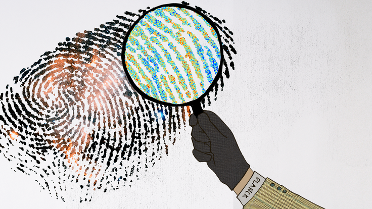 Illustration of Detective Planck using magnifying glass over finger print
