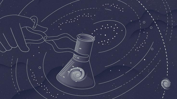 Illustration of beaker with galaxy inside being held by scissors 