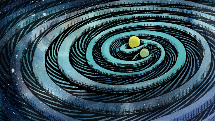 Illustration depicting two black holes circling one another and producing gravitational waves