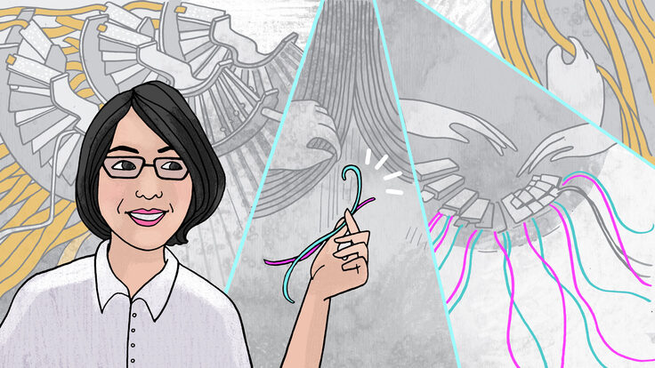 Illustration of Francesca Ricci-Tam holding wires with detector equipment in background