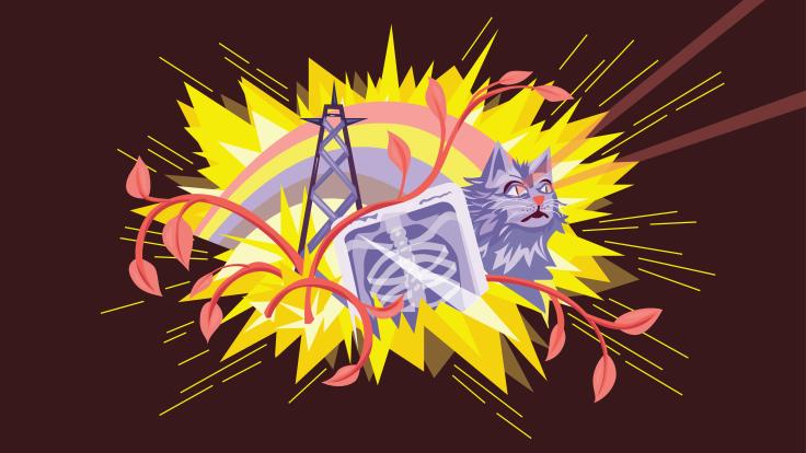 Illustration of yellow explosion with cat, electricity tower, scan, and branches 