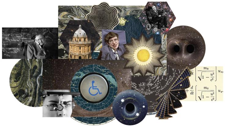 Collage of Stephen Hawking including: Oxford university, eye tracker, gravitational waves, equations, and a disability symbol