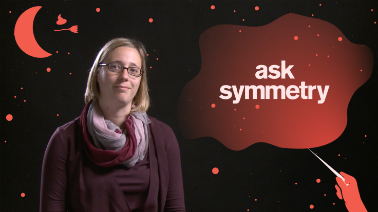 Scientist Anne Schukraft surrounded by Harry Potter-inspired imagery and the phrase "Ask Symmetry"