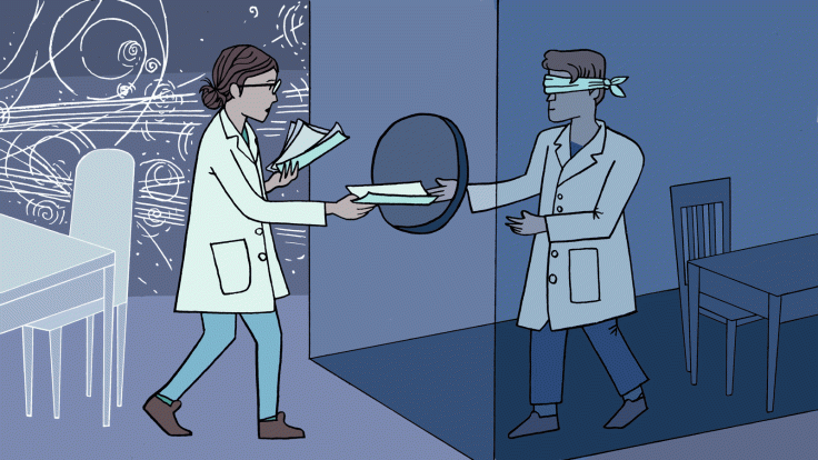 Illustration of a scientist handing papers to another, blindfolded scientist through hole in glass door