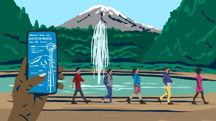 Illustration of a line of people walking past Drumheller Fountain at the University of Washington