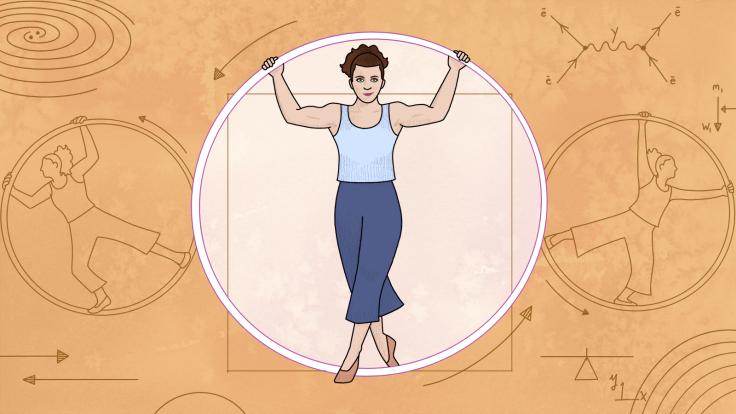 Illustration of Julia Ruth in Cyr wheel, physics equations and other views of Ruth in Cyr wheel in background