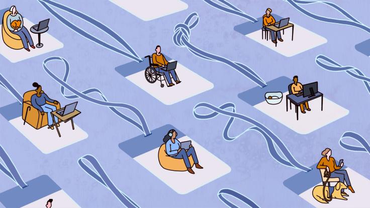 Illustration of people accessing a conference individually on floating conference badges