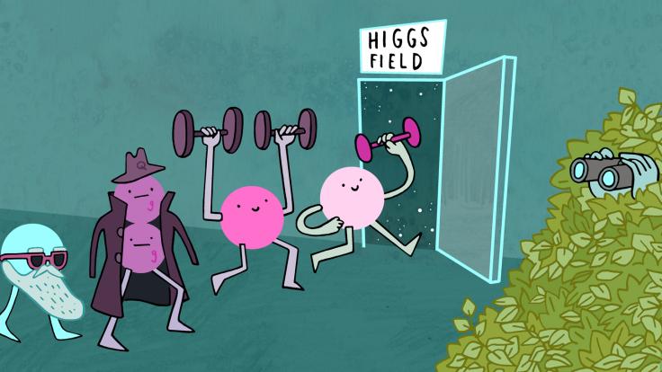 Illustration of particles sneaking into Higgs field, scientists watch with binoculars from bushes (green, pink, teal, cyan)
