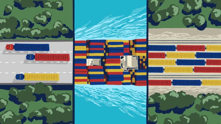 Illustration demonstrating various stages of shipping: rail, container ships and trucks