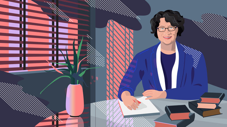 Illustration of Lia Merging seated at a desk
