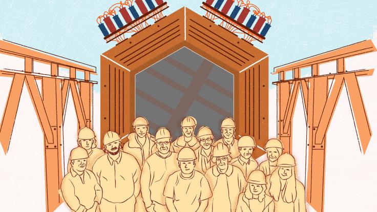 An illustration of a group of people in front of the MINERvA detector