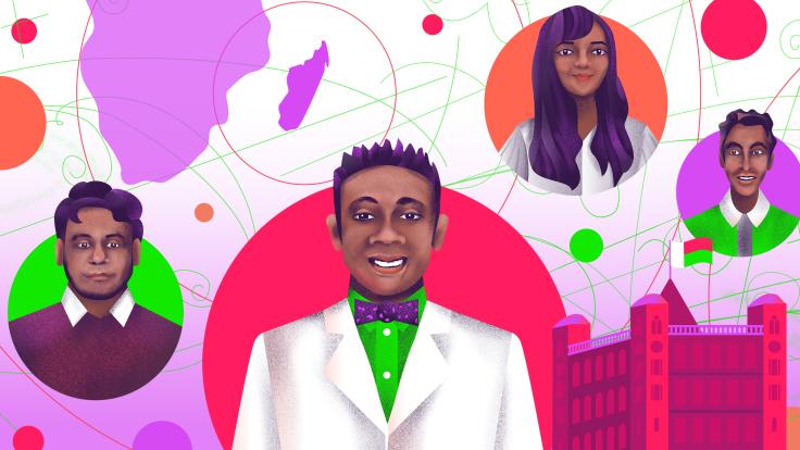 Illustration featuring key people in the article below, focused on Madagascar
