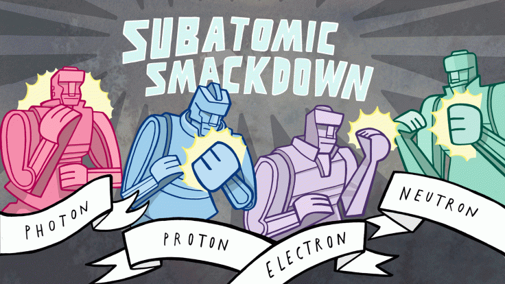 Illustration of Subatomic Smackdown robots photon, proton, electron, neutron 