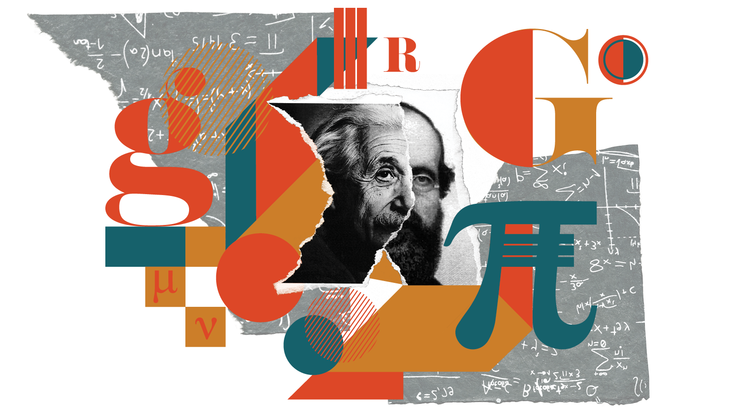 Collage of Einstein and Reimann's faces on ripped paper in a geometric field of color, pattern, and shape (teal, mustard, rust)