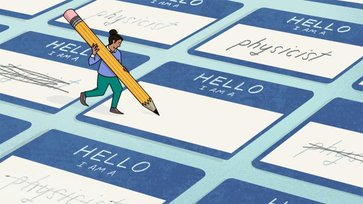 Illustration of a woman holding a giant pencil and filling out a giant name tag