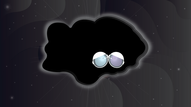 Illustration of two particles wearing space helmets meeting in a cloud of dark matter