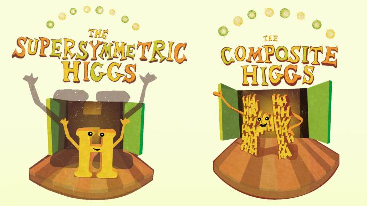 Split screen of H on small stage with a "The Supersymmetric Higgs" title above, H made of smaller H's "The Composite Higgs"