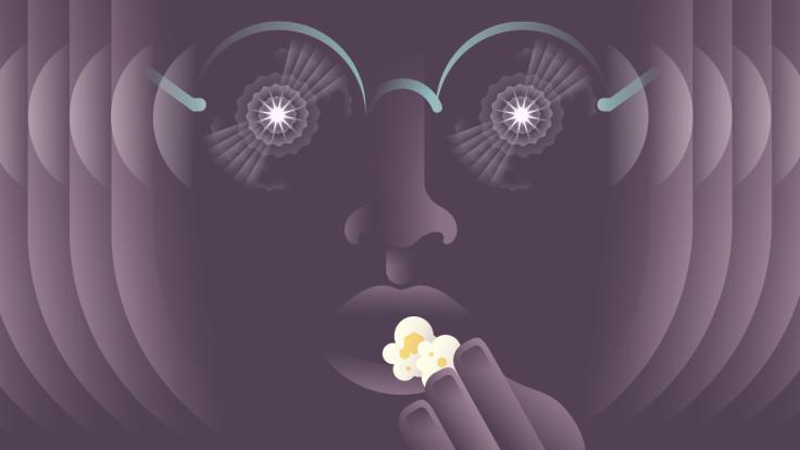 Illustration of man's face reverberating from left to right while eating popcorn