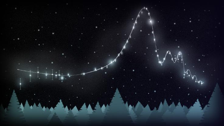 Illustration of Astrostatistics made out of stars in the sky, connected by light path, forest on horizon below