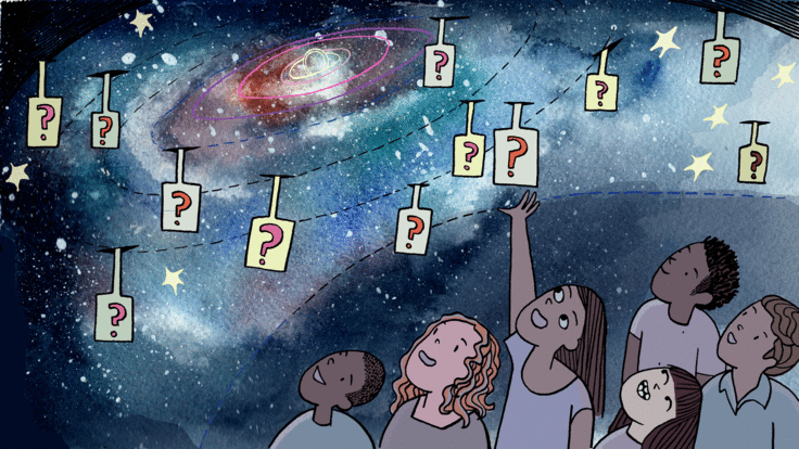 Galaxy with question marks hanging from sky with kids grabbing at them 
