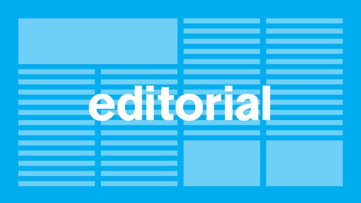 Illustration blue background, white letters "editorial"