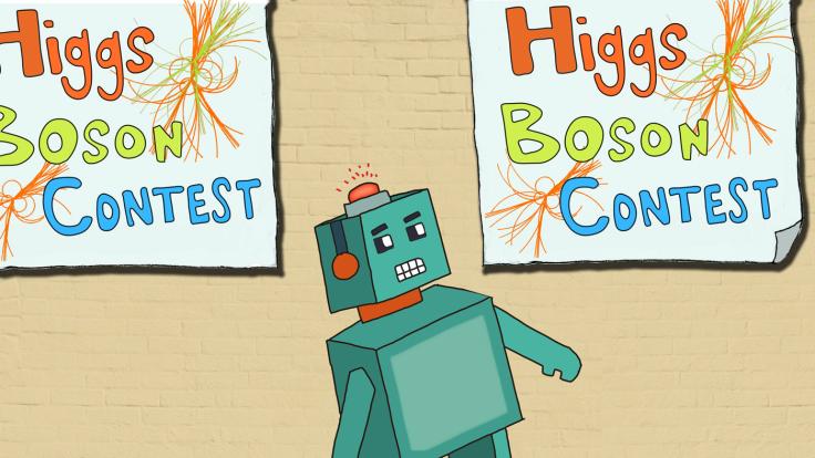 Illustration of green robot looking at "Higgs Boson Contest" signs
