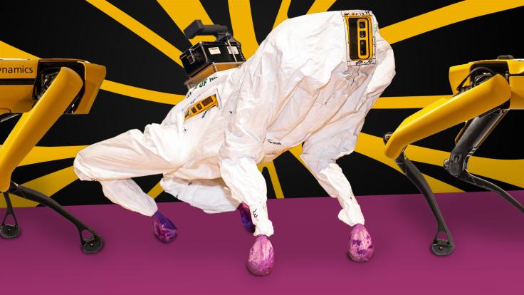 Photo composite of a robot runway fashion show