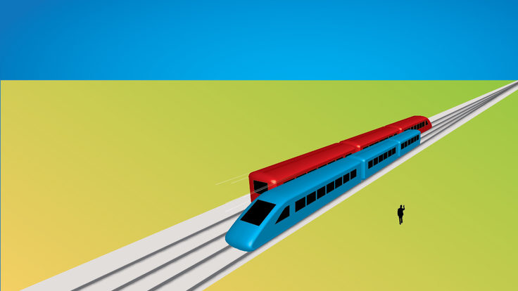 Illustration of red and blue train passing each other on tracks
