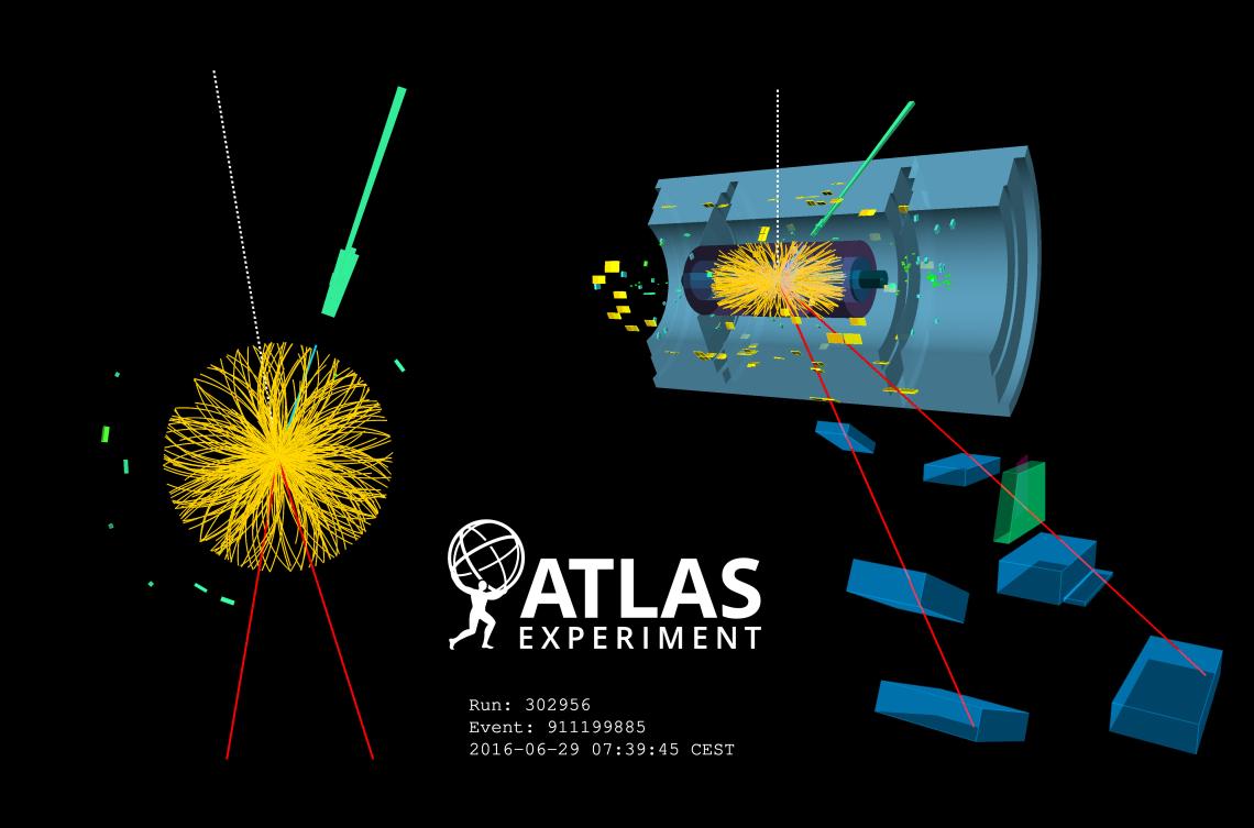 Event display depicting a particle collision in the ATLAS detector